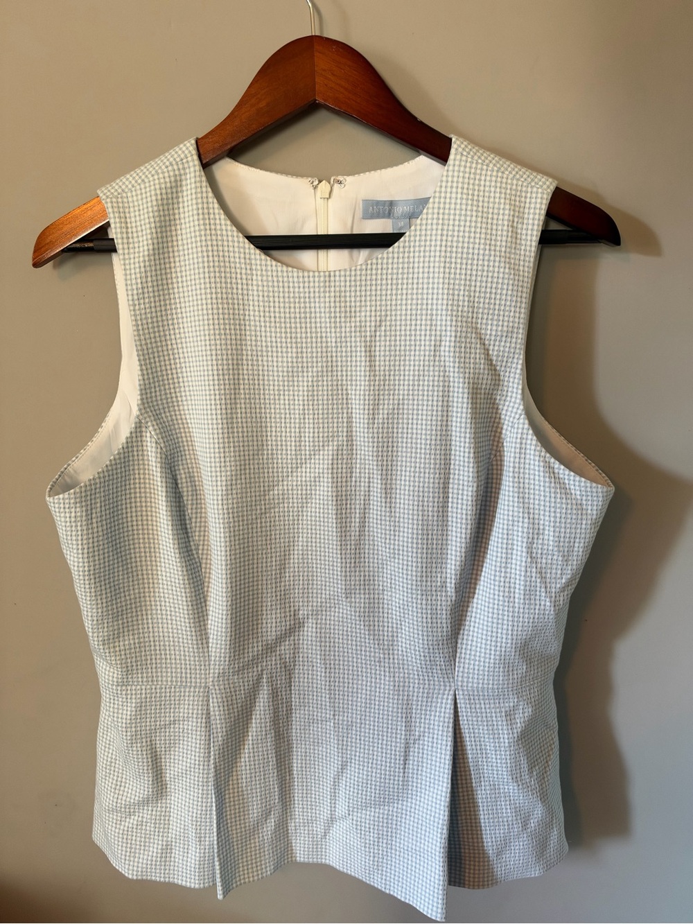 ANTONIO MELANI Light Blue Gingham Sleeveless Shell